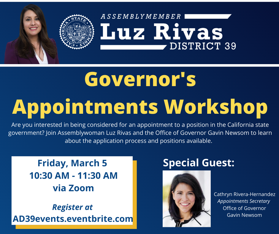 Asm Luz Rivas Hosts Governor's Appointment Workshop Flyer